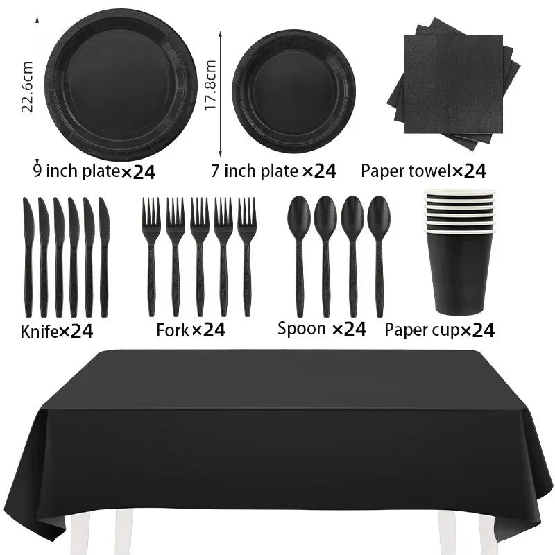 Solid Black Party Tableware Set