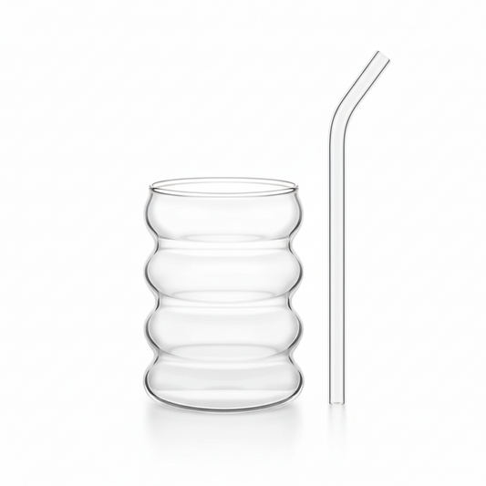 Ribbed Glass Cups with Straws